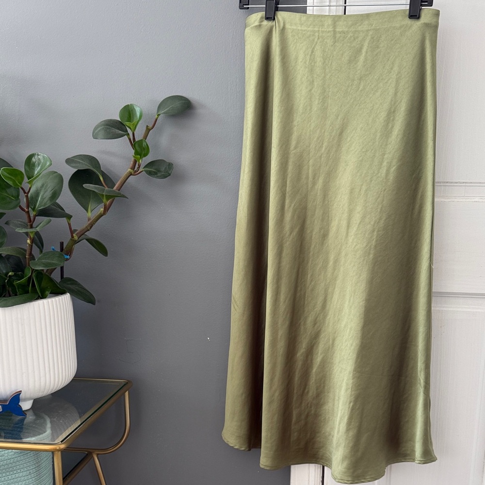 Olive Green Satin Midi Skirt